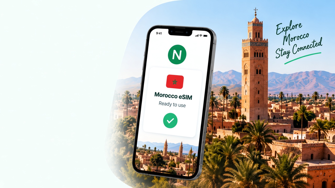 Marrakech Koutoubia with Nord eSIM Ready to use phone and Explore Morocco Stay Connected